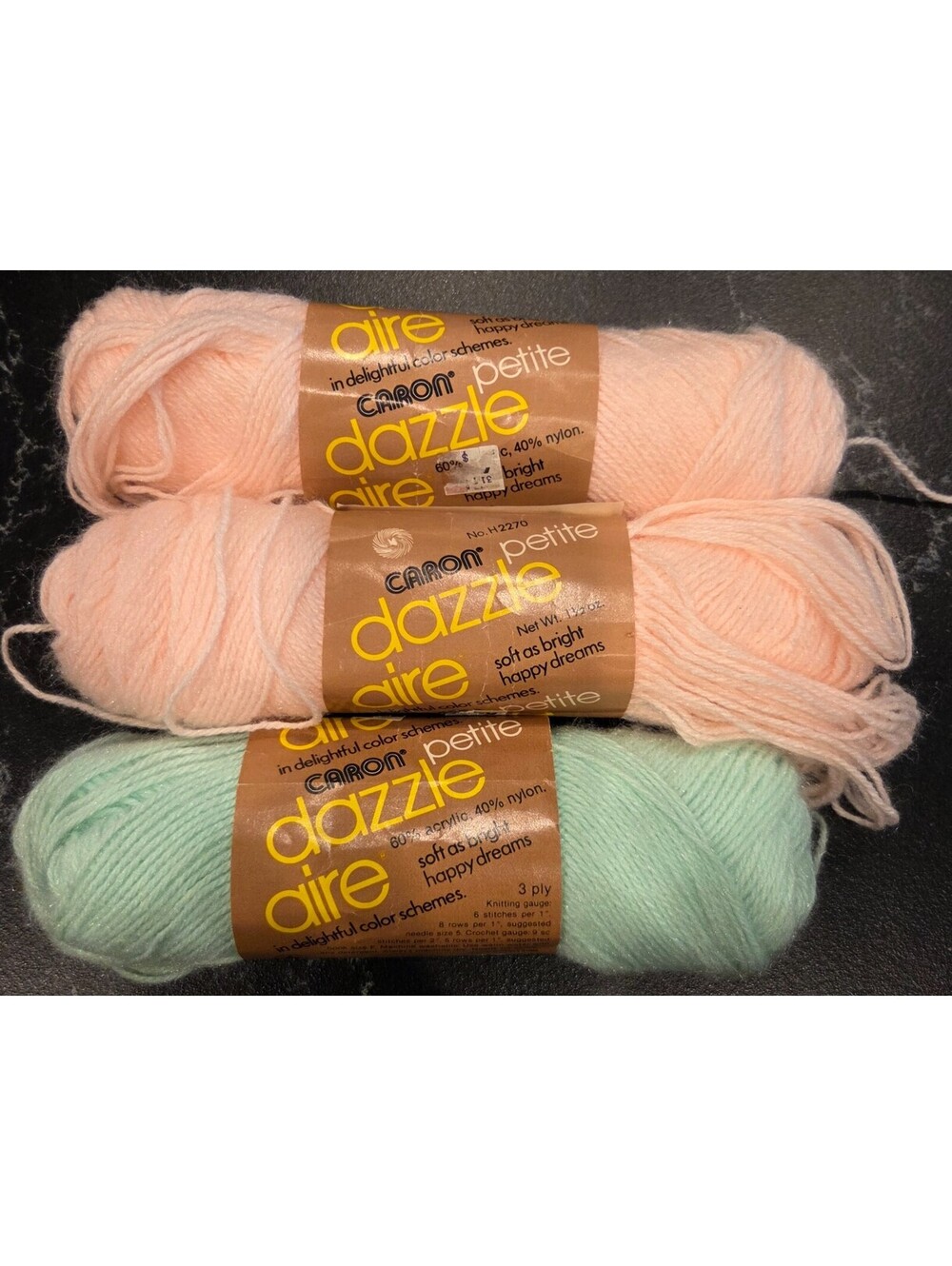 Vintage Caron Petite Dazzle Aire Yarn Lot 3 Skeins Pink Green Acrylic Nylon USA